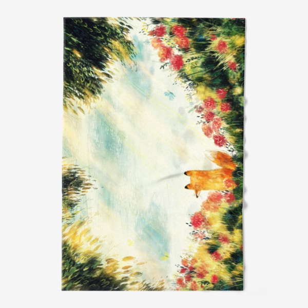 Полотенце «Лисьи тайны, авторский принт с лисенком в цветах, красивая картина в подарок, летний стилизованный пейзаж»