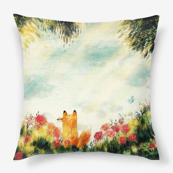 Подушка «Лисьи тайны, авторский принт с лисенком в цветах, красивая картина в подарок, летний стилизованный пейзаж»
