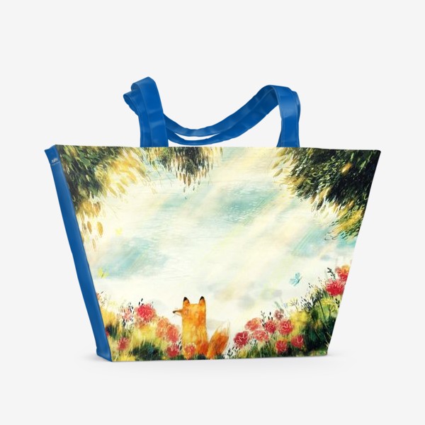 Пляжная сумка «Лисьи тайны, авторский принт с лисенком в цветах, красивая картина в подарок, летний стилизованный пейзаж»