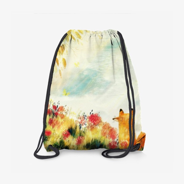 Рюкзак «Лисьи тайны, авторский принт с лисенком в цветах, красивая картина в подарок, летний стилизованный пейзаж»