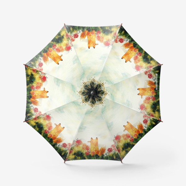 Зонт «Лисьи тайны, авторский принт с лисенком в цветах, красивая картина в подарок, летний стилизованный пейзаж»
