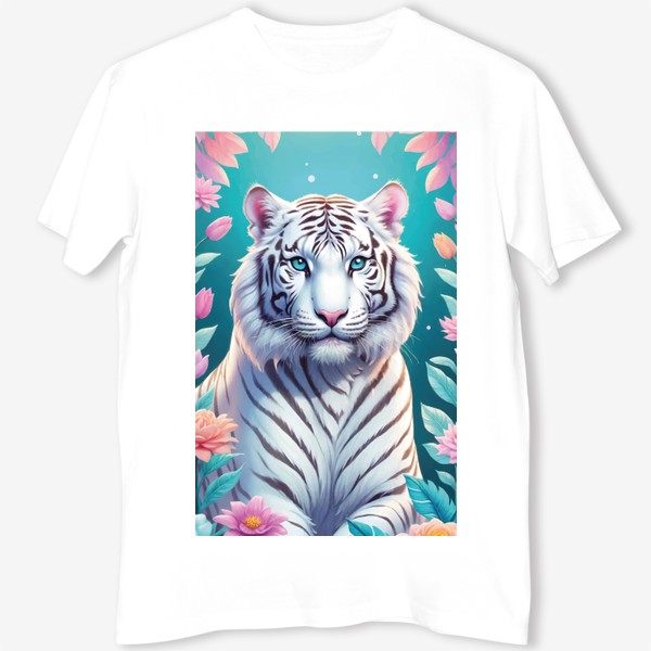 Футболка «Красивый белый голубоглазый тигр с яркими цветами, иллюстрация на голубом фоне»