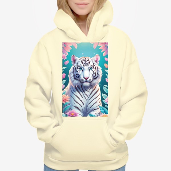 Худи «Красивый белый голубоглазый тигр с яркими цветами, иллюстрация на голубом фоне»