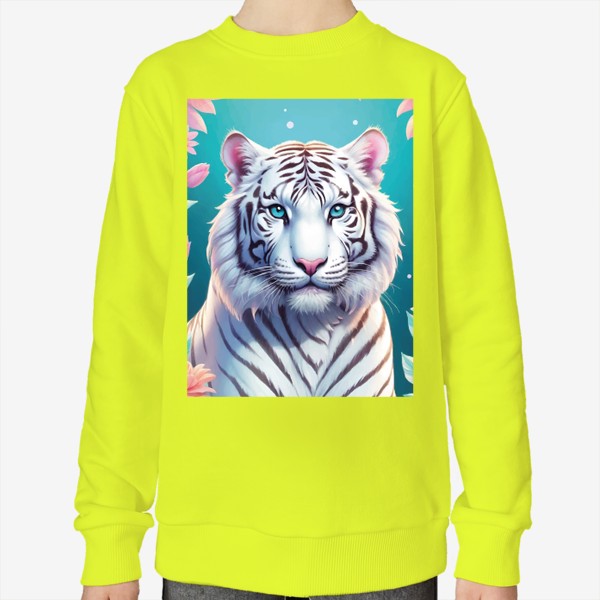 Свитшот «Красивый белый голубоглазый тигр с яркими цветами, иллюстрация на голубом фоне»