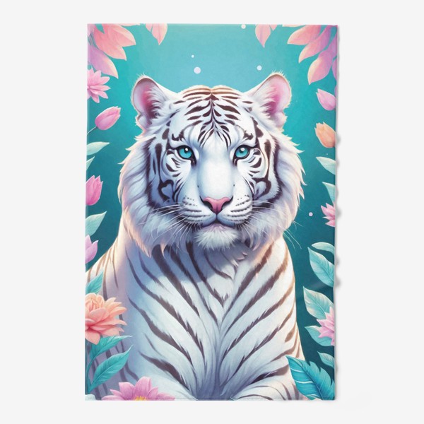 Полотенце «Красивый белый голубоглазый тигр с яркими цветами, иллюстрация на голубом фоне»