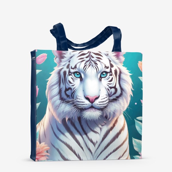 Сумка-шоппер «Красивый белый голубоглазый тигр с яркими цветами, иллюстрация на голубом фоне»