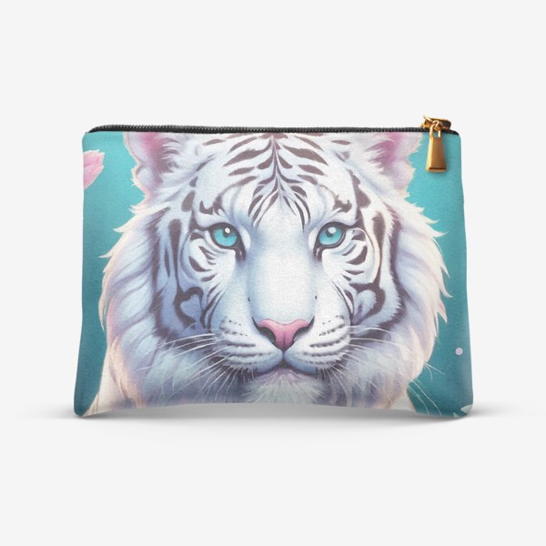 Косметичка &laquo;Красивый белый голубоглазый тигр с яркими цветами, иллюстрация на голубом фоне&raquo;