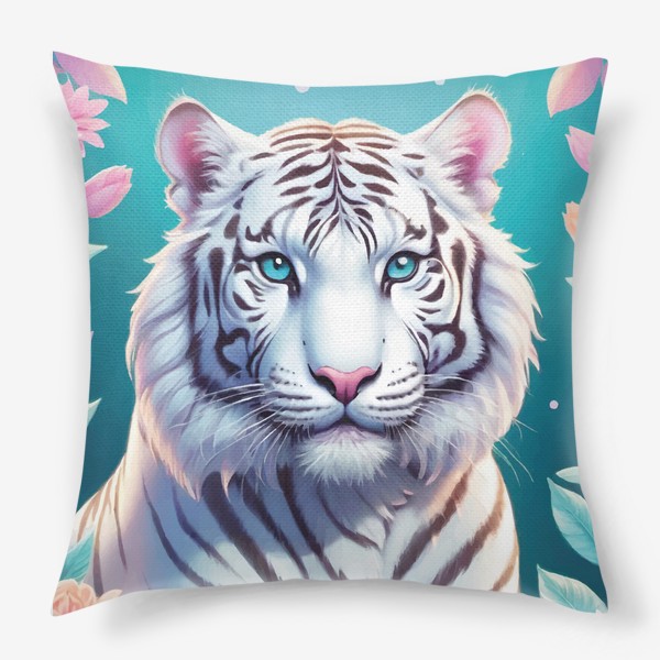 Подушка &laquo;Красивый белый голубоглазый тигр с яркими цветами, иллюстрация на голубом фоне&raquo;