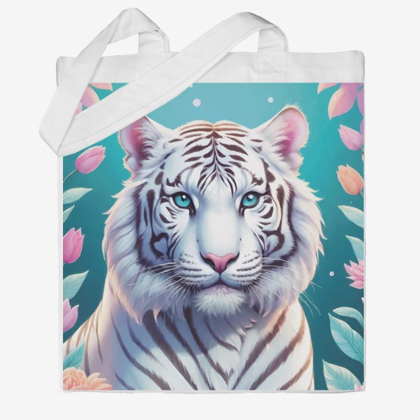 Сумка хб «Красивый белый голубоглазый тигр с яркими цветами, иллюстрация на голубом фоне»