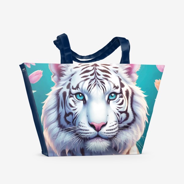Пляжная сумка &laquo;Красивый белый голубоглазый тигр с яркими цветами, иллюстрация на голубом фоне&raquo;
