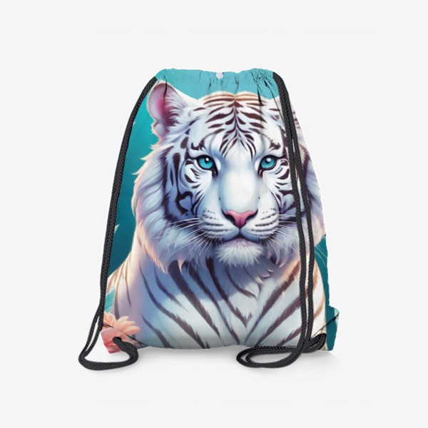 Рюкзак &laquo;Красивый белый голубоглазый тигр с яркими цветами, иллюстрация на голубом фоне&raquo;