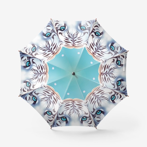 Зонт «Красивый белый голубоглазый тигр с яркими цветами, иллюстрация на голубом фоне»