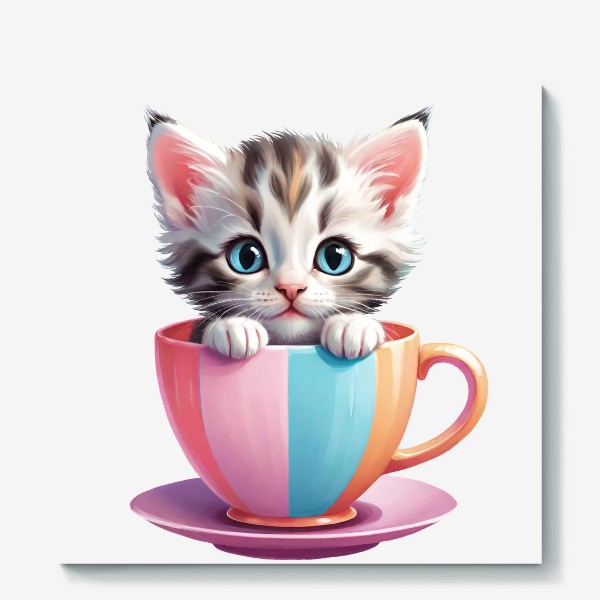 Холст «Милый полосатый котенок в разноцветной чашке с блюдцем, забавный детский принт»