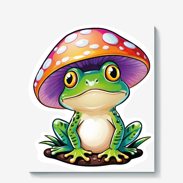 Холст «Психоделик лягушка с грибом на голове, хиппи жаба, гриб мухомор»