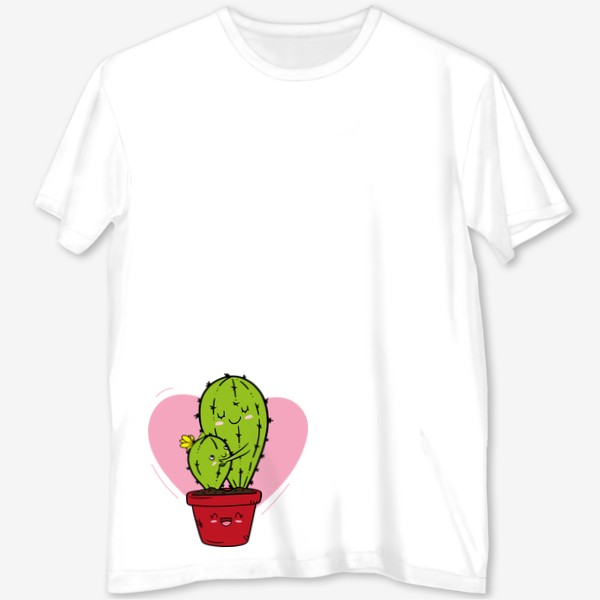 Футболка с полной запечаткой «Милые кавайные аниме кактусы в горшке, kawaii обнимашки, сердечко, кавай любовь»