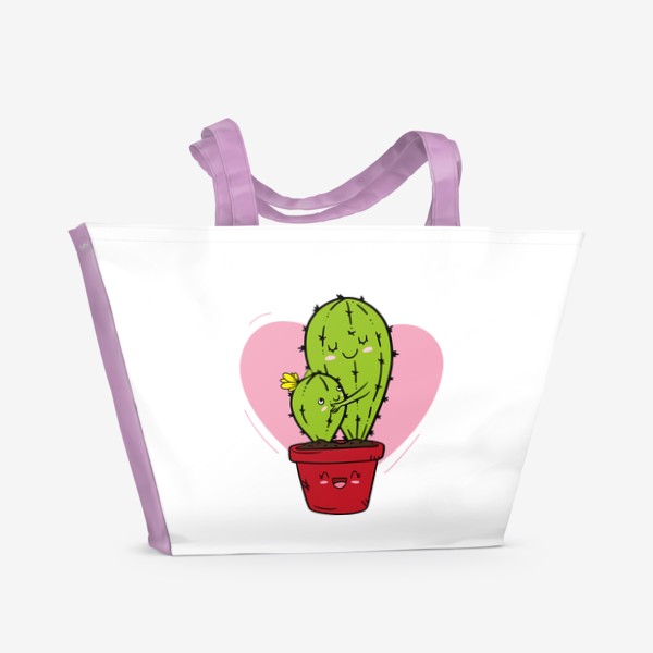 Пляжная сумка «Милые кавайные аниме кактусы в горшке, kawaii обнимашки, сердечко, кавай любовь»