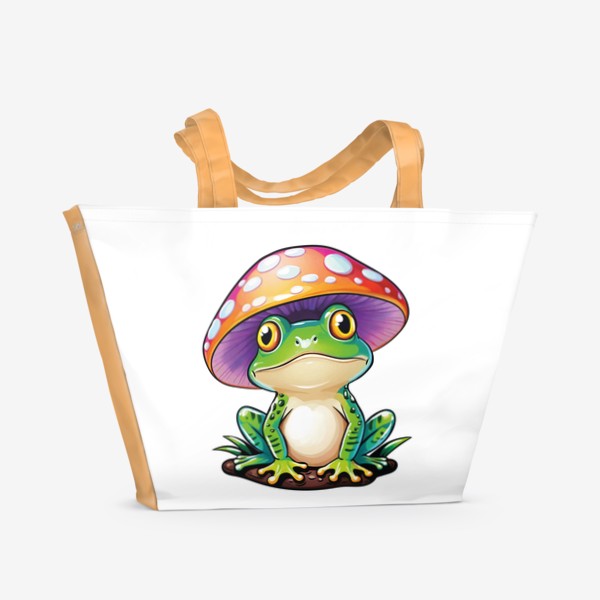 Пляжная сумка «Психоделик лягушка с грибом на голове, хиппи жаба, гриб мухомор»