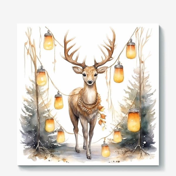 Холст «Рождественский олень с фонариками»