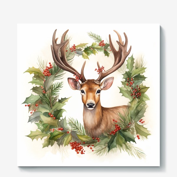Холст «Рождественский олень с праздничным венком»
