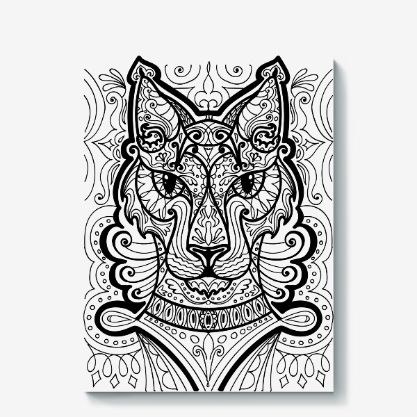 Холст «Красивый абстрактный узорный черно-белый дудл кот, лайн скетч дудлинг узоры кошки»