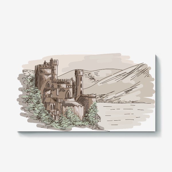 Холст «Старинный замок в горах, винтажный скетчинг в бежевых тонах, скетч пейзаж, природа, озеро и горы»