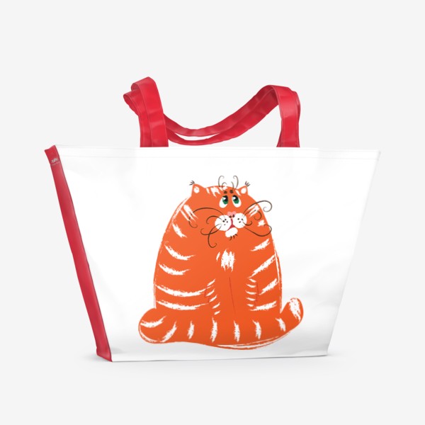 Пляжная сумка «Смешной толстый рыжий кот, милый полосатый котик ждет еду»