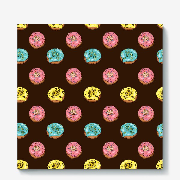 Холст «Пончики с желтой, розовой и голубой глазурью на коричневом фоне»