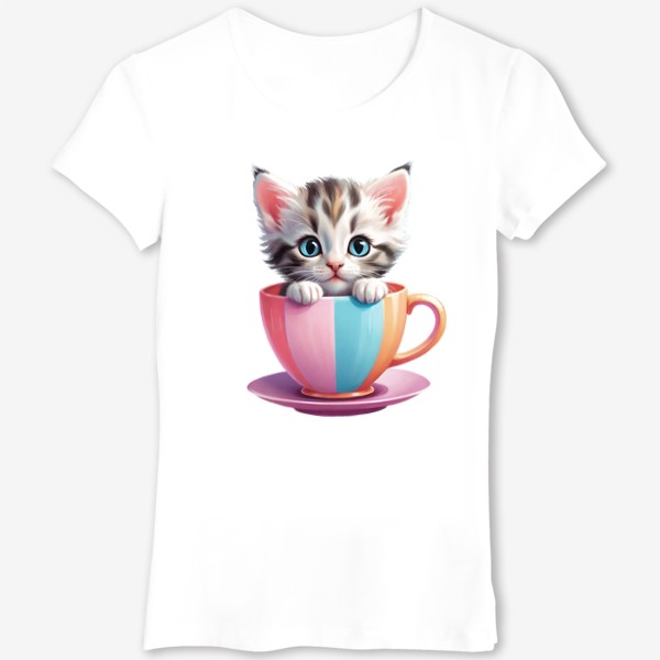 Футболка &laquo;Милый полосатый котенок в разноцветной чашке с блюдцем, забавный детский принт&raquo;