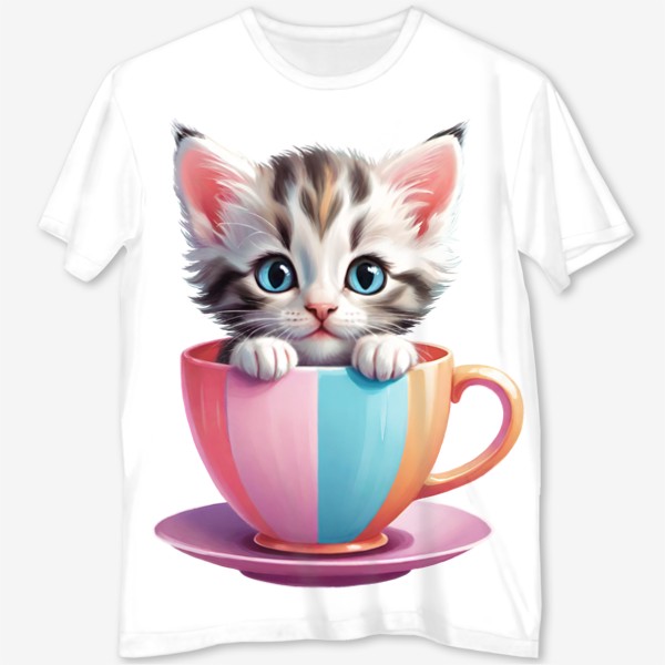 Футболка с полной запечаткой &laquo;Милый полосатый котенок в разноцветной чашке с блюдцем, забавный детский принт&raquo;