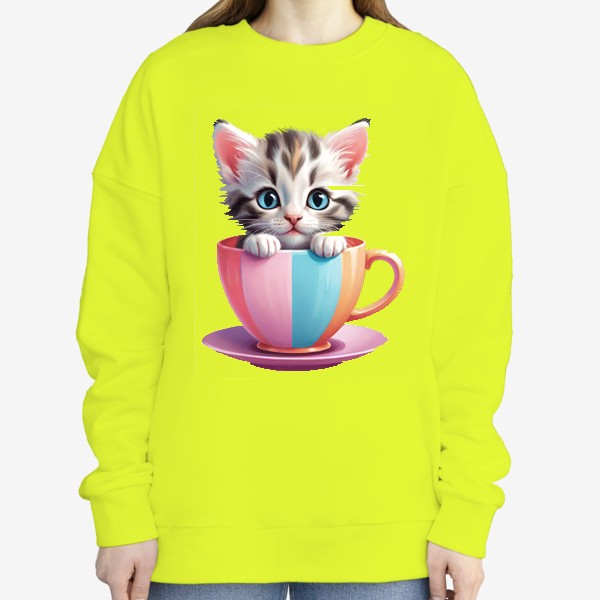 Свитшот &laquo;Милый полосатый котенок в разноцветной чашке с блюдцем, забавный детский принт&raquo;