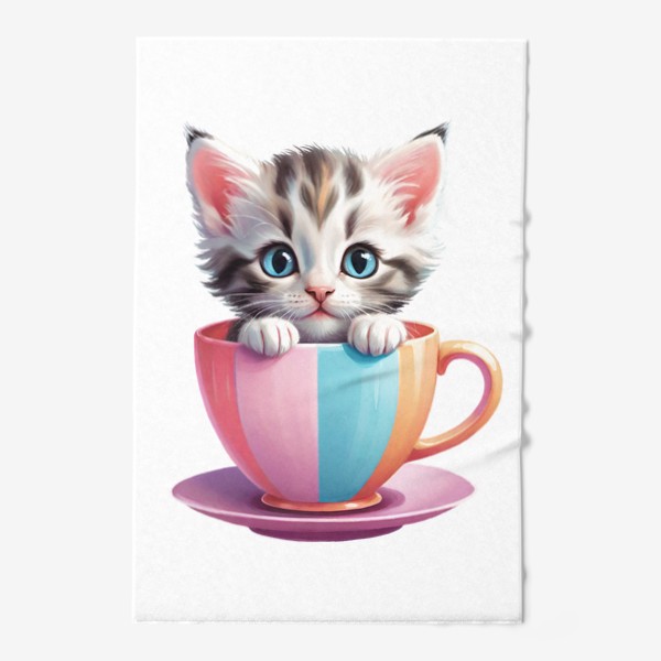 Полотенце «Милый полосатый котенок в разноцветной чашке с блюдцем, забавный детский принт»