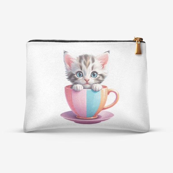 Косметичка «Милый полосатый котенок в разноцветной чашке с блюдцем, забавный детский принт»