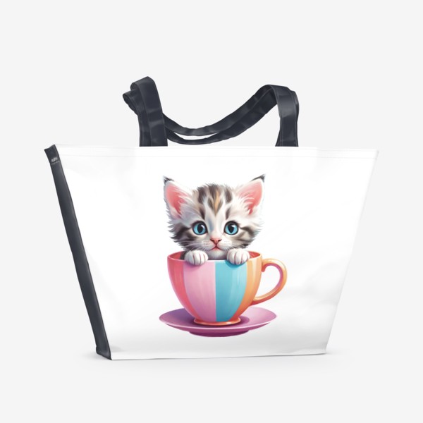Пляжная сумка «Милый полосатый котенок в разноцветной чашке с блюдцем, забавный детский принт»