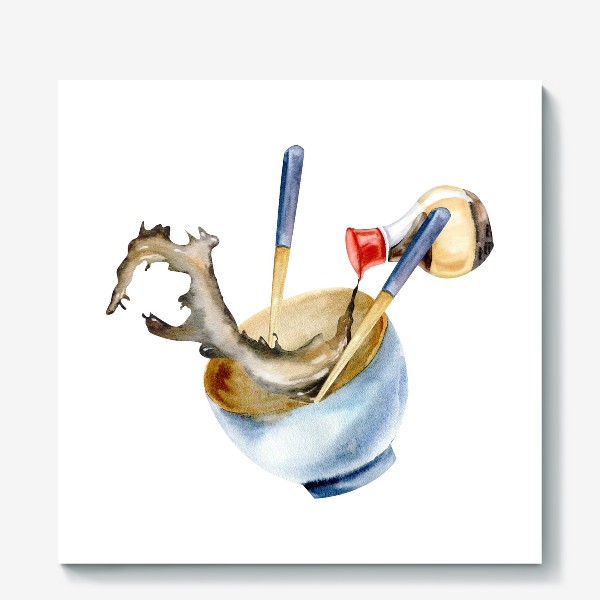 Холст «Акварельная иллюстрация керамическая тарелка с азиатским соевым соусом и палочками для еды»