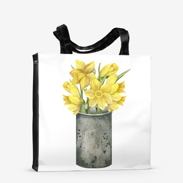 Сумка-шоппер «Акварельные желтые нарциссы в жестяной банке ,логотип для цветочного магазина»