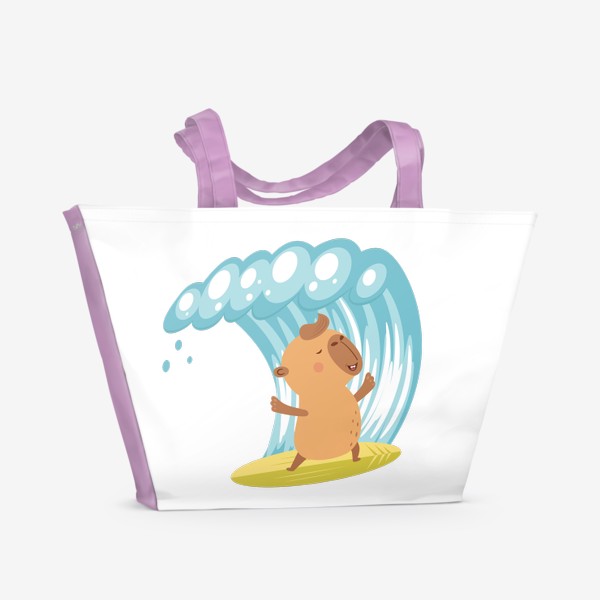 Пляжная сумка «Капибара на серфе. Серфинг и волна»