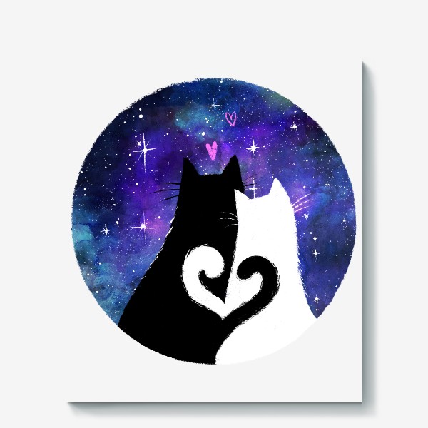Холст «Влюбленные котики смотрят на звездное небо, ночь, космос, любовь и сердечки, черный кот и белая кошка»