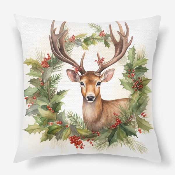 Подушка «Рождественский олень с праздничным венком»