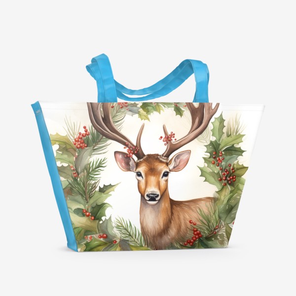Пляжная сумка «Рождественский олень с праздничным венком»