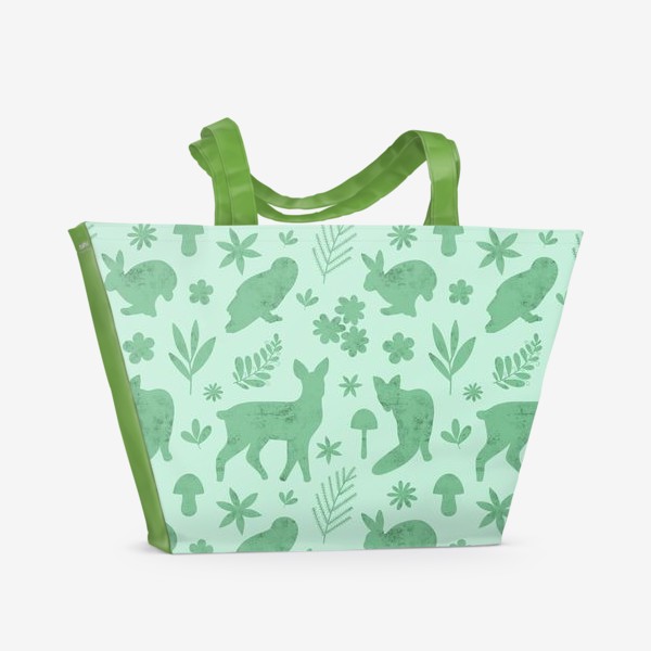 Пляжная сумка «Силуэты лесных животных на зеленом фоне Лесные животные »