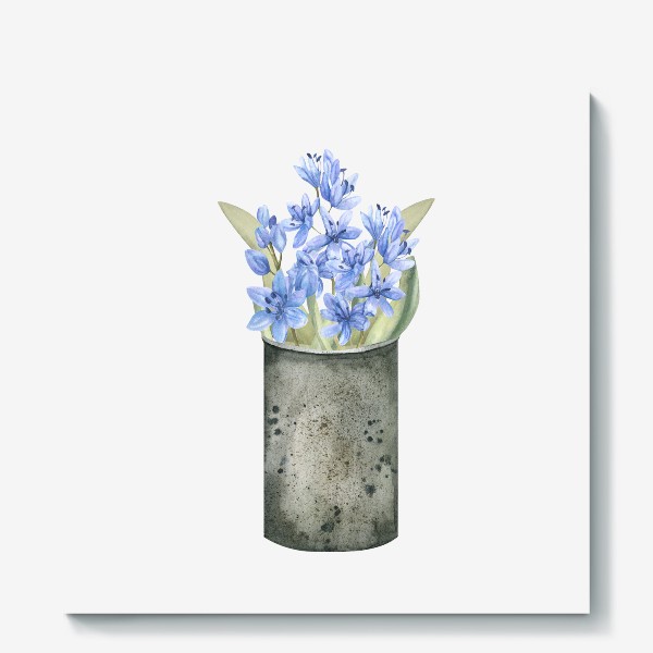 Холст «Акварельные голубые весенние цветы в жестяной банке»