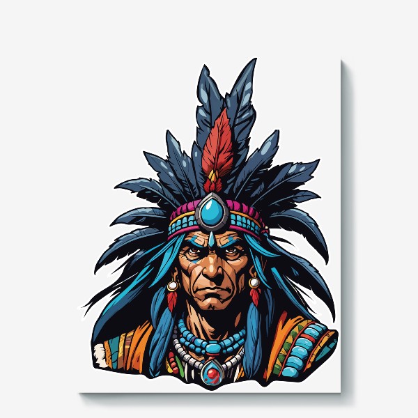Холст «Вождь американских индейцев с перьями на голове, индеец в стиле комикс, мужской принт»