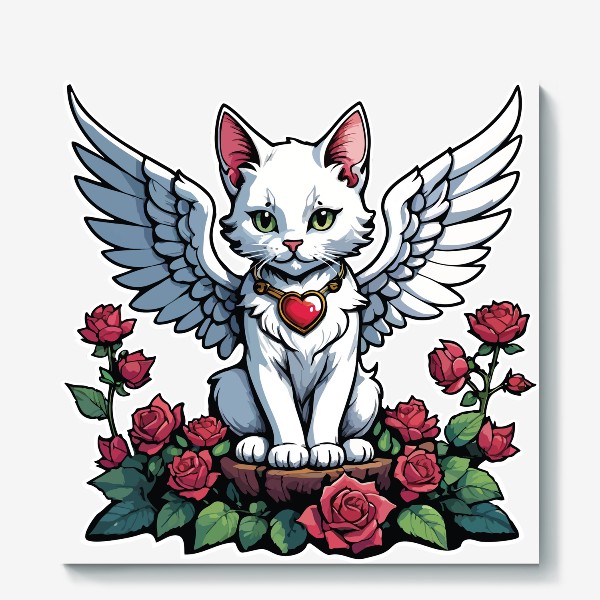 Холст «Красивый белый кот с крыльями, ангел - купидон с сердечком и цветами, любовь, розы, день влюбленных 14 февраля»