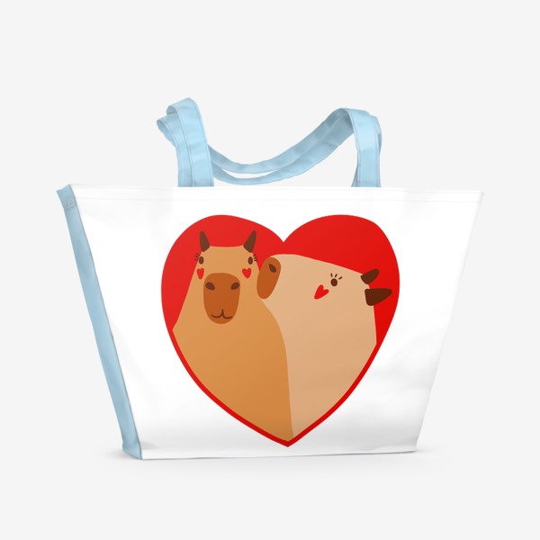 Пляжная сумка &laquo;влюбленные капибары, принт в сердечке, подарок на 14 февраля&raquo;