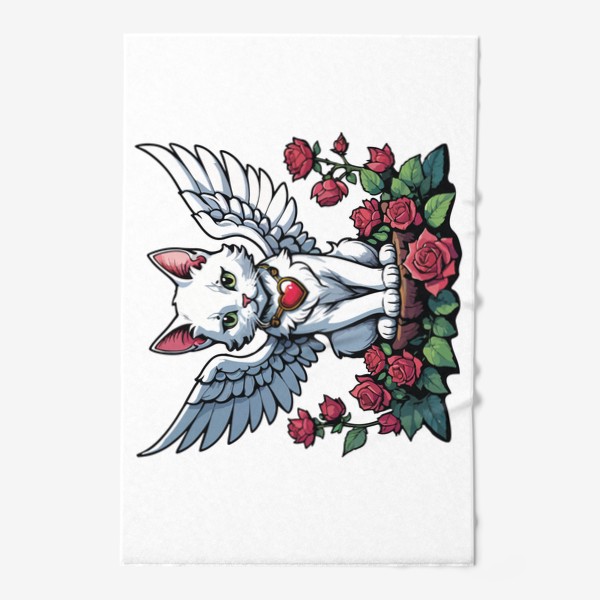 Полотенце «Красивый белый кот с крыльями, ангел - купидон с сердечком и цветами, любовь, розы, день влюбленных 14 февраля»