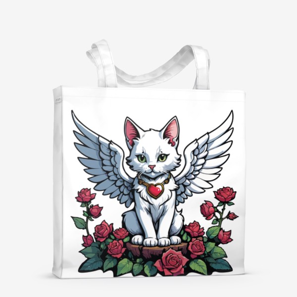 Сумка-шоппер &laquo;Красивый белый кот с крыльями, ангел - купидон с сердечком и цветами, любовь, розы, день влюбленных 14 февраля&raquo;