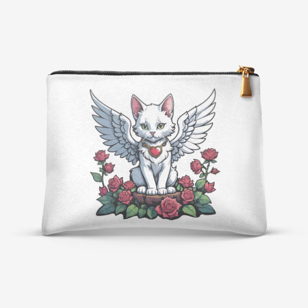 Косметичка «Красивый белый кот с крыльями, ангел - купидон с сердечком и цветами, любовь, розы, день влюбленных 14 февраля»