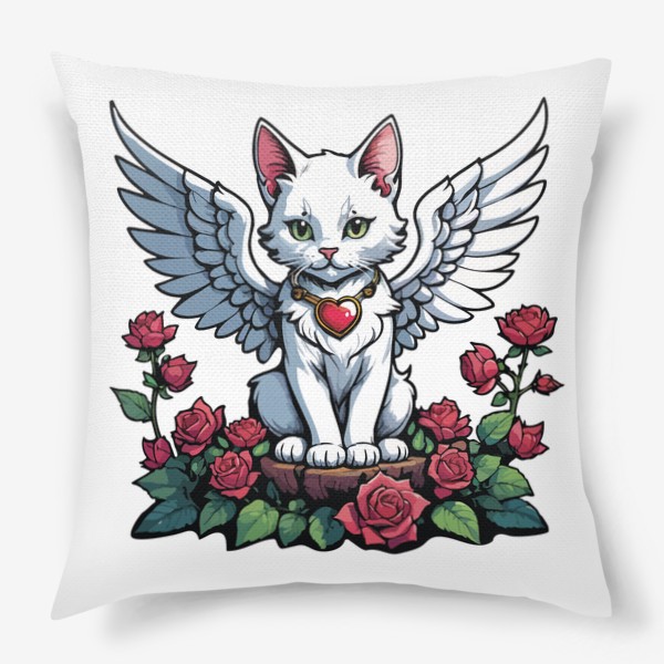 Подушка «Красивый белый кот с крыльями, ангел - купидон с сердечком и цветами, любовь, розы, день влюбленных 14 февраля»