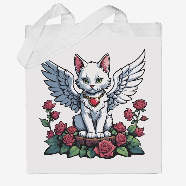 Сумка хб &laquo;Красивый белый кот с крыльями, ангел - купидон с сердечком и цветами, любовь, розы, день влюбленных 14 февраля&raquo;