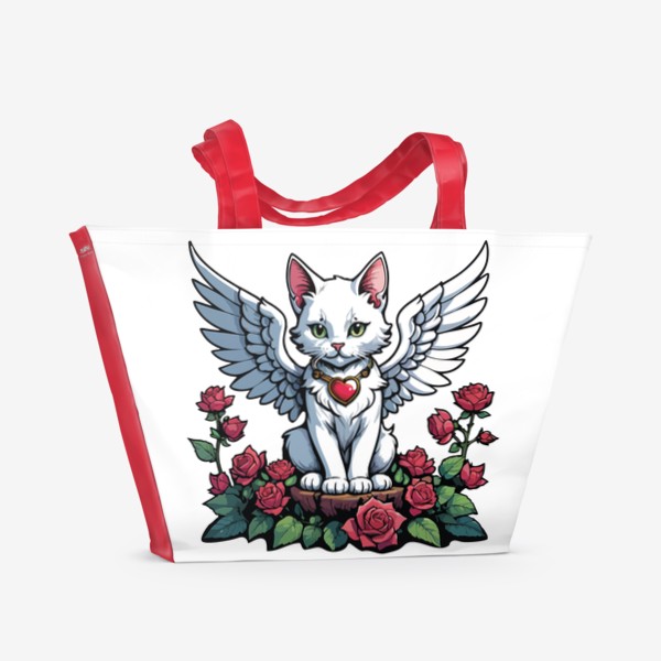 Пляжная сумка &laquo;Красивый белый кот с крыльями, ангел - купидон с сердечком и цветами, любовь, розы, день влюбленных 14 февраля&raquo;